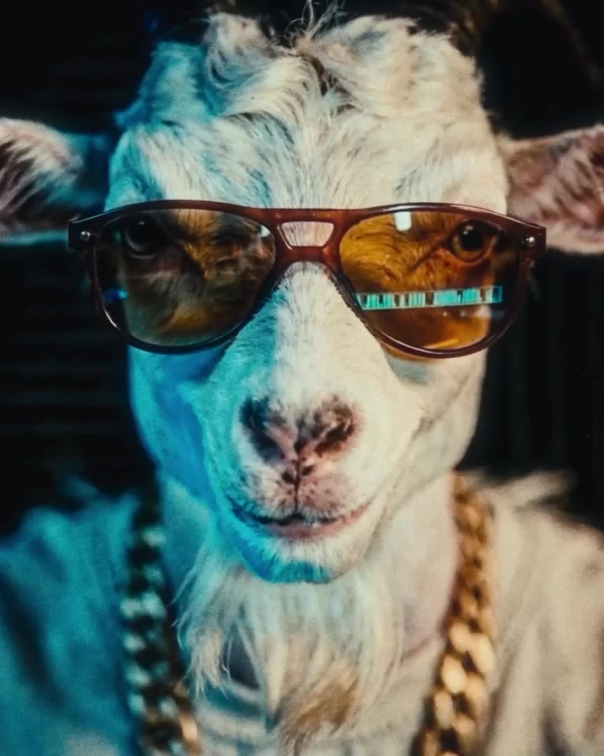 Mr Goat, la mascotte di White Goat, con occhiali e catena d'oro